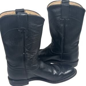 Justin Black Leather Roper Cowboy Boots Women's 6.5 L3703 Round Toe Western